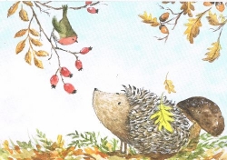 Gisela Herberger - Igel und Rotkehlchen im Herbst